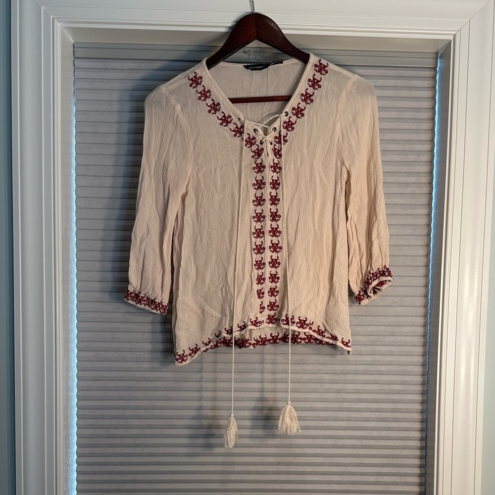 Boho cream with maroon embroidery blouse J-25